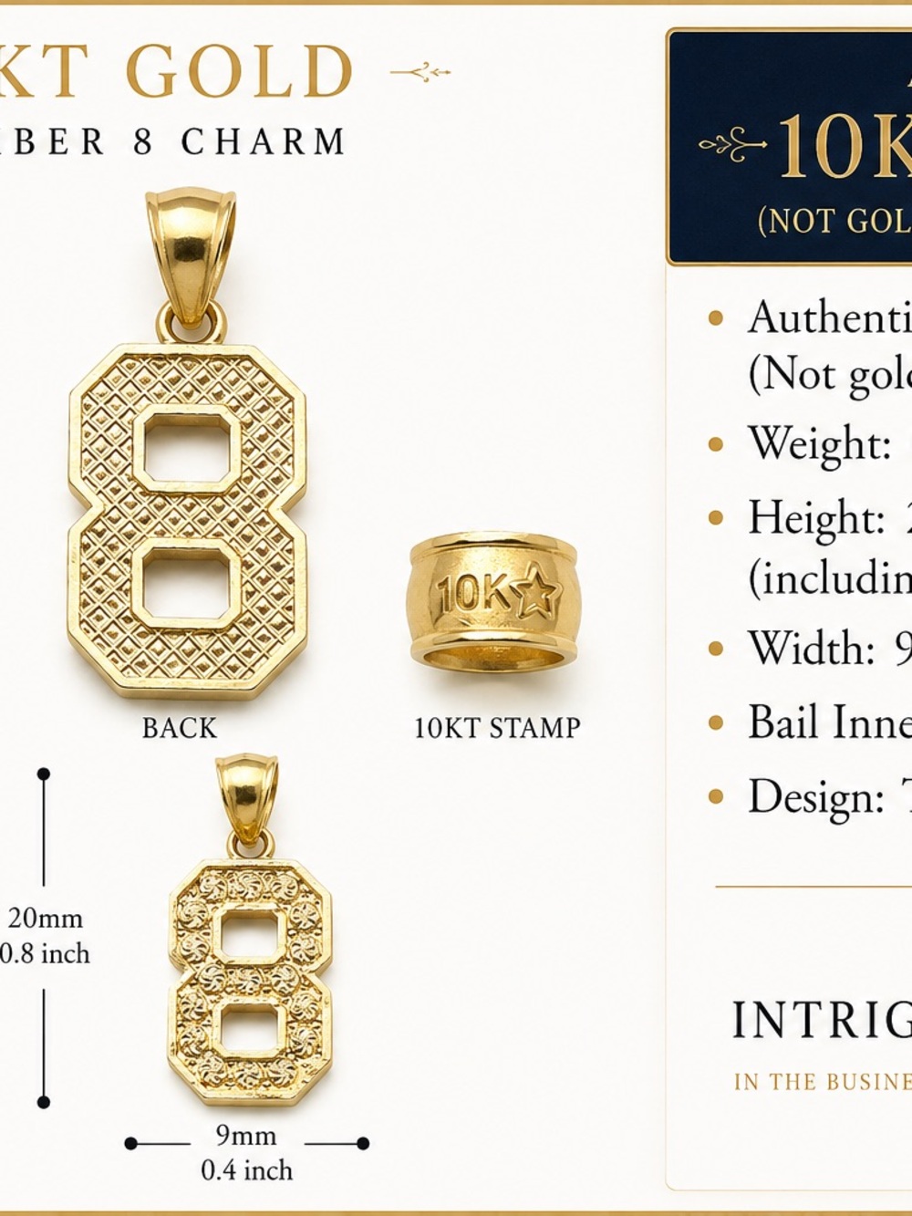 10KT Gold Number 8 Charm Pendant - Gold